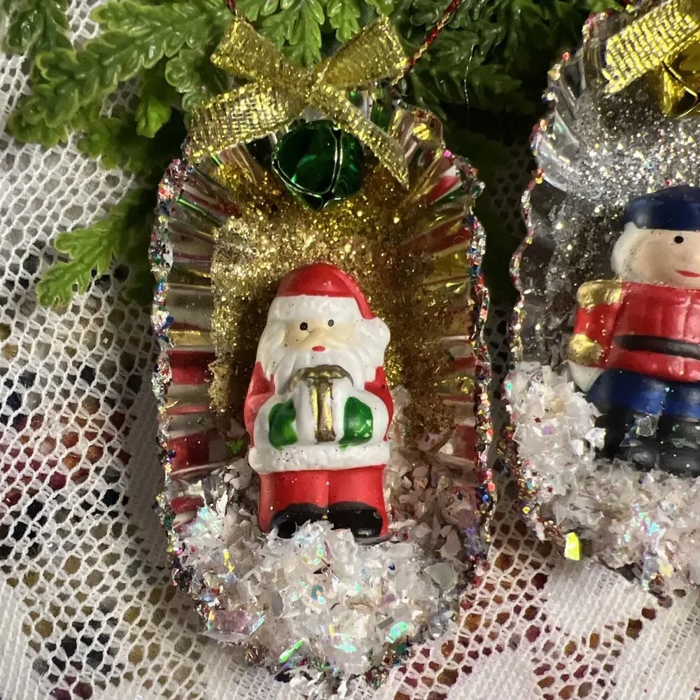 Vintage Oval Tart Tin Santa Snowman Soldier Set/3 Diorama Mid Century Ornaments
